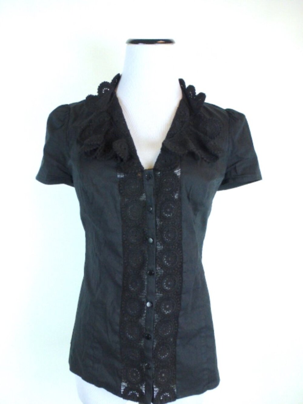 Catherine Malandrino black lace short sleeve button up top shirt 4